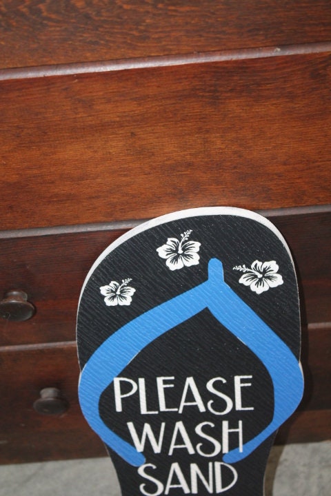 Contour Tropical Flipflop Please Wash Sand BNB Vacation Home Pool Beach Hibiscus Outdoor Weather Proof PVC Textured Woodgrain