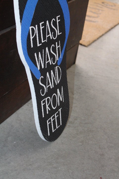 Contour Tropical Flipflop Please Wash Sand BNB Vacation Home Pool Beach Hibiscus Outdoor Weather Proof PVC Textured Woodgrain