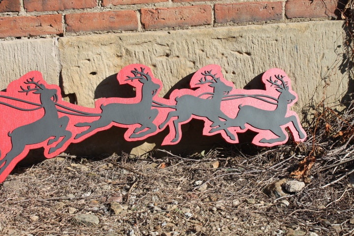 Santas Sleigh Reindeer Christmas Wooden Contour Cutout Winter St Nick Kris Kringle Flying Handmade Home Decor 3D Raised