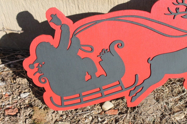 Santas Sleigh Reindeer Christmas Wooden Contour Cutout Winter St Nick Kris Kringle Flying Handmade Home Decor 3D Raised