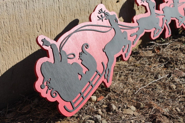 Santas Sleigh Reindeer Christmas Wooden Contour Cutout Winter St Nick Kris Kringle Flying Handmade Home Decor 3D Raised