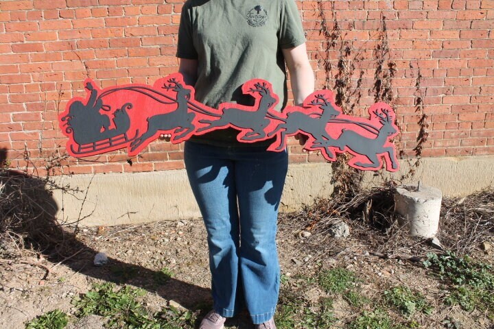 Santas Sleigh Reindeer Christmas Wooden Contour Cutout Winter St Nick Kris Kringle Flying Handmade Home Decor 3D Raised