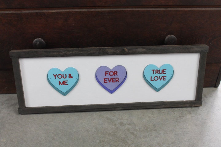 Valentines Day Conversation Hearts Purple Blue You and Me Forever True Love Handmade Gift for Her Love Story Framed Home Decor