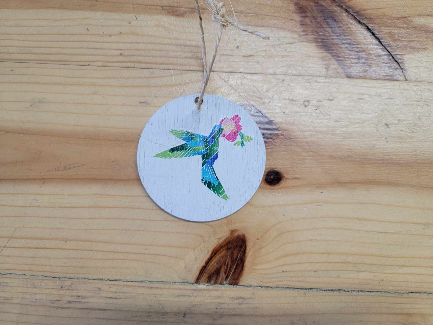 Barn Quilt Hummingbird Ornament Wood Slice Geometric Bird with Flower Pastel Christmas Tree Primitive Rustic Farmhouse