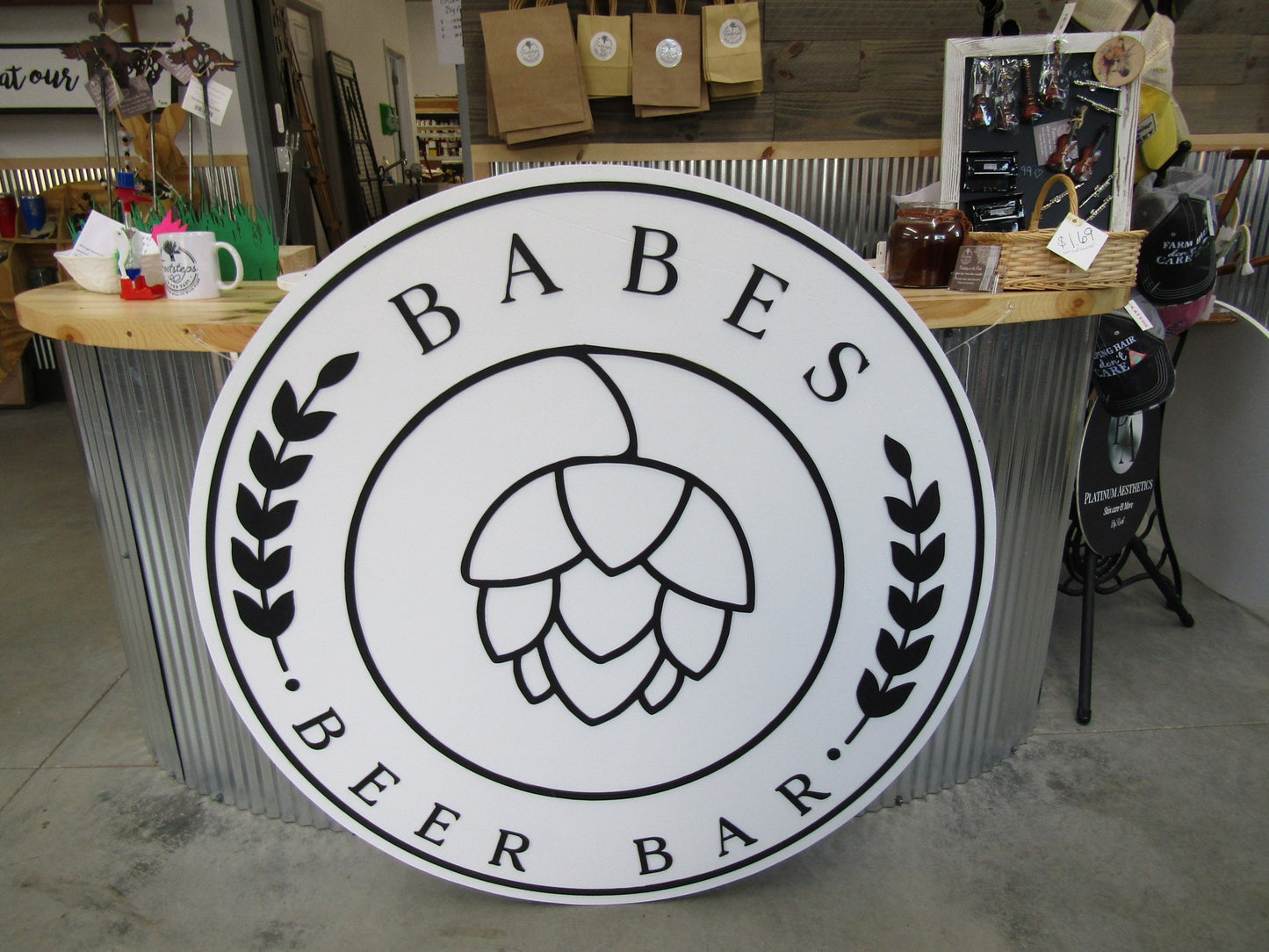 Custom Bar Sign Beer Round Business Drinks Food Barley Hops Babe Made to Order Logo Circle Wooden Handmade Raised Text Home