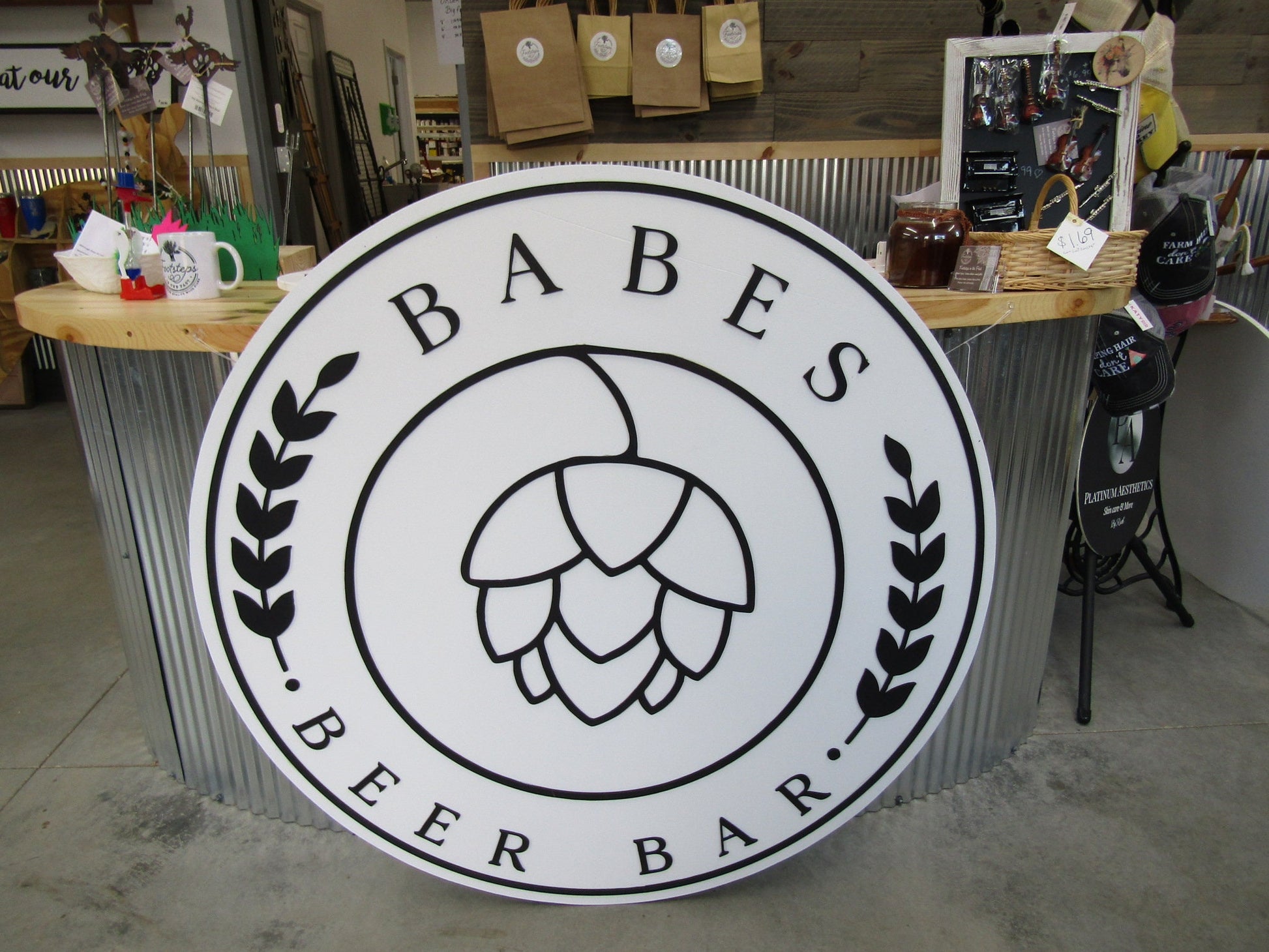 Custom Bar Sign Beer Round Business Drinks Food Barley Hops Babe Made to Order Logo Circle Wooden Handmade Raised Text Home