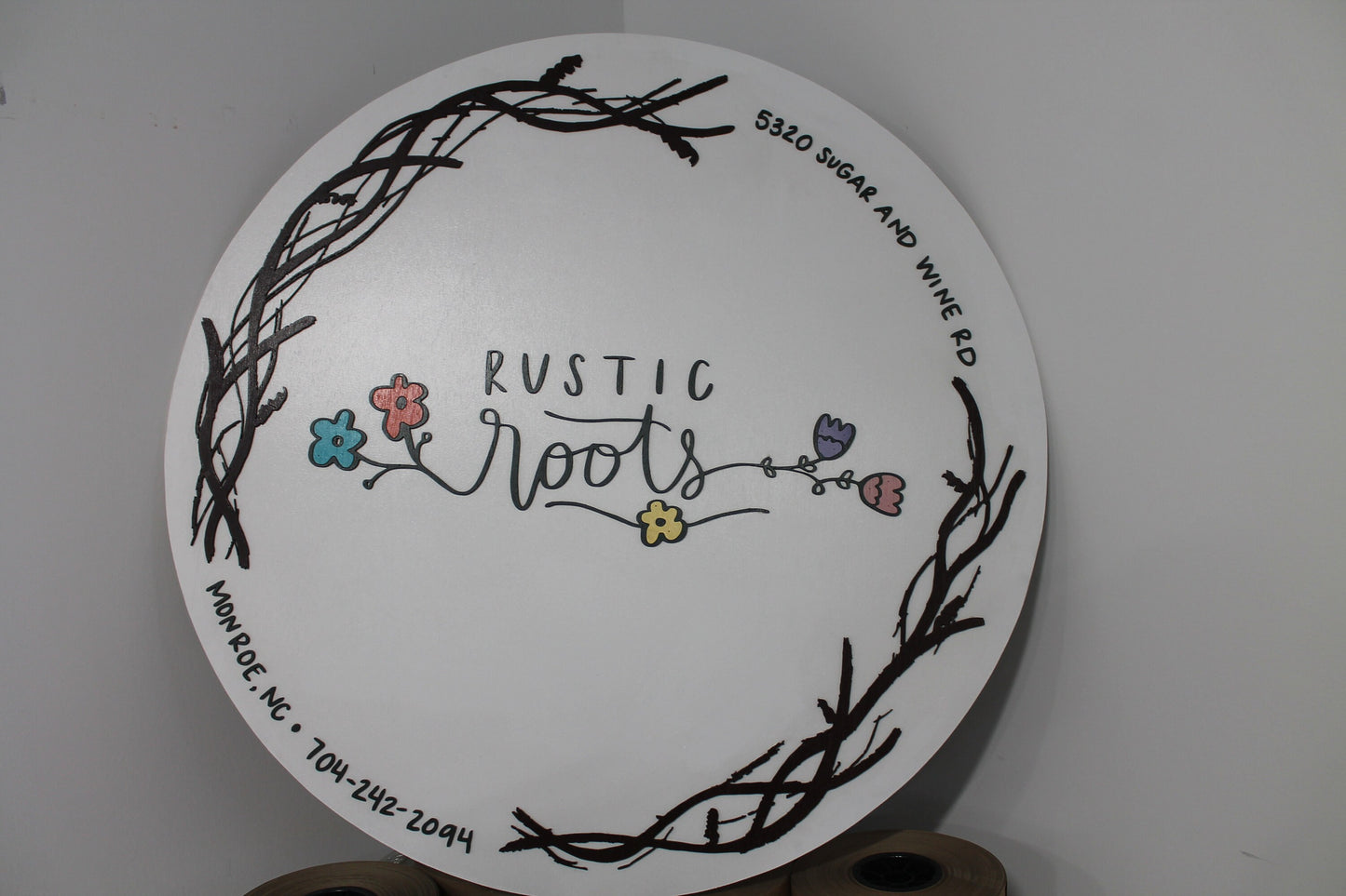 Custom Business Sign Round Rustic Roots Floral Hoop Branches Trees Made to Order Logo Circle Wooden Handmade Raised Text Home