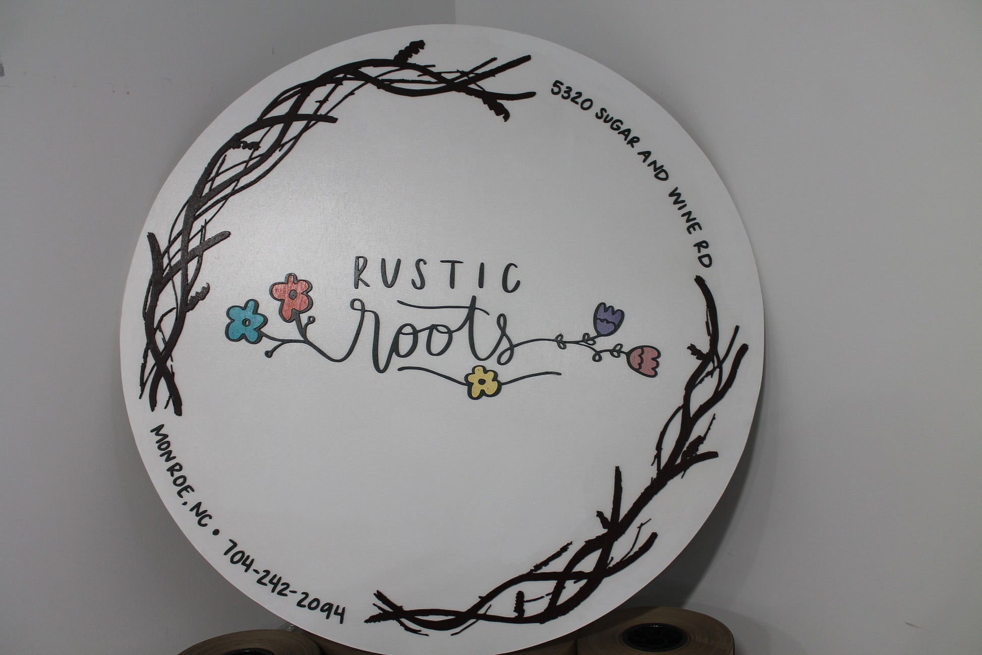 Custom Business Sign Round Rustic Roots Floral Hoop Branches Trees Made to Order Logo Circle Wooden Handmade Raised Text Home