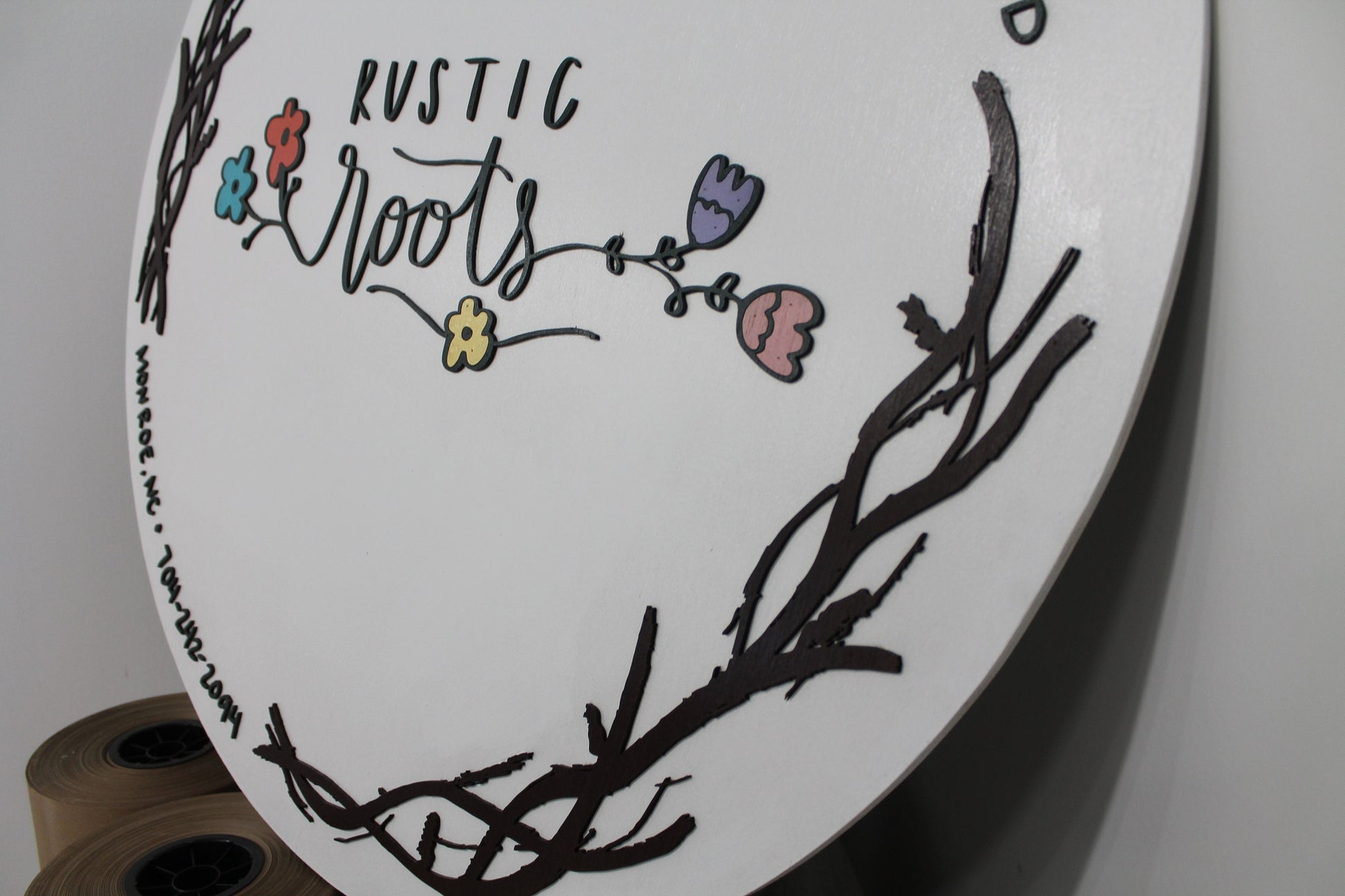 Custom Business Sign Round Rustic Roots Floral Hoop Branches Trees Made to Order Logo Circle Wooden Handmade Raised Text Home