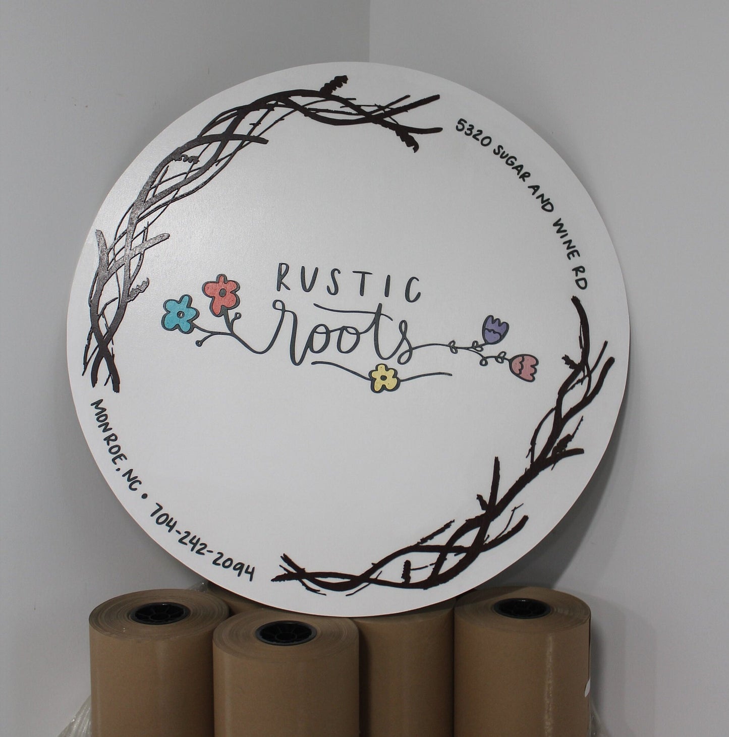Custom Business Sign Round Rustic Roots Floral Hoop Branches Trees Made to Order Logo Circle Wooden Handmade Raised Text Home