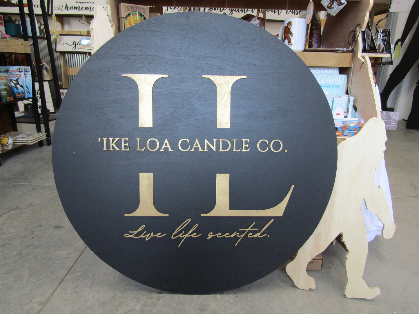 Custom Sign Round Candle Co Business Single Or Double Sided Made to Order Store Front Small Shop Logo Gold Circle Wooden Handmade
