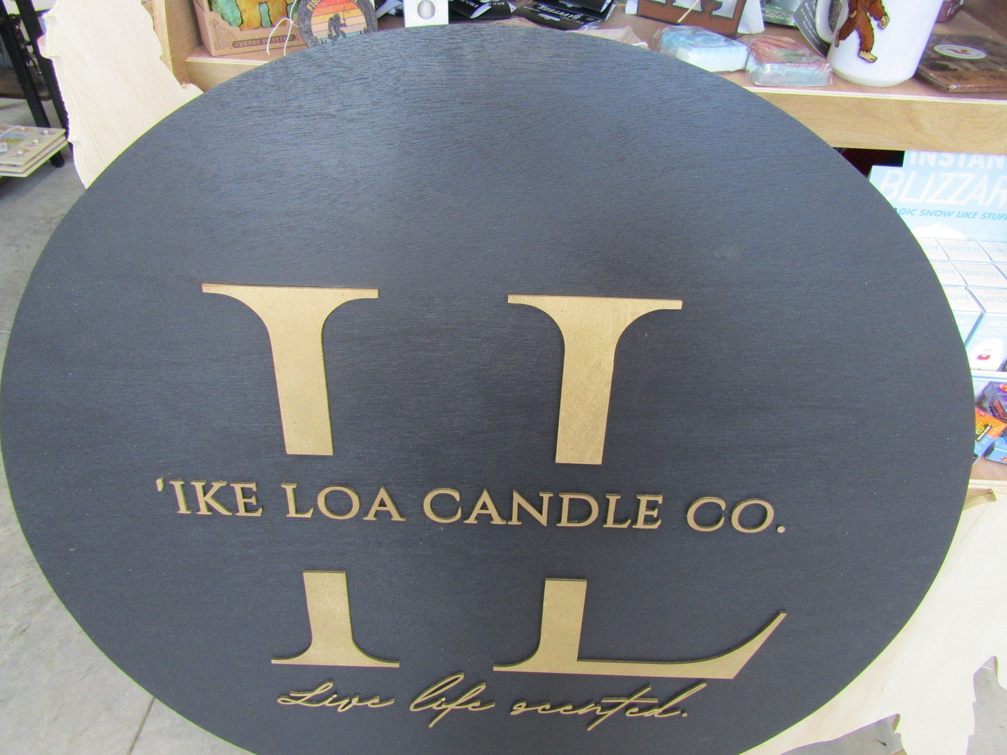 Custom Sign Round Candle Co Business Single Or Double Sided Made to Order Store Front Small Shop Logo Gold Circle Wooden Handmade