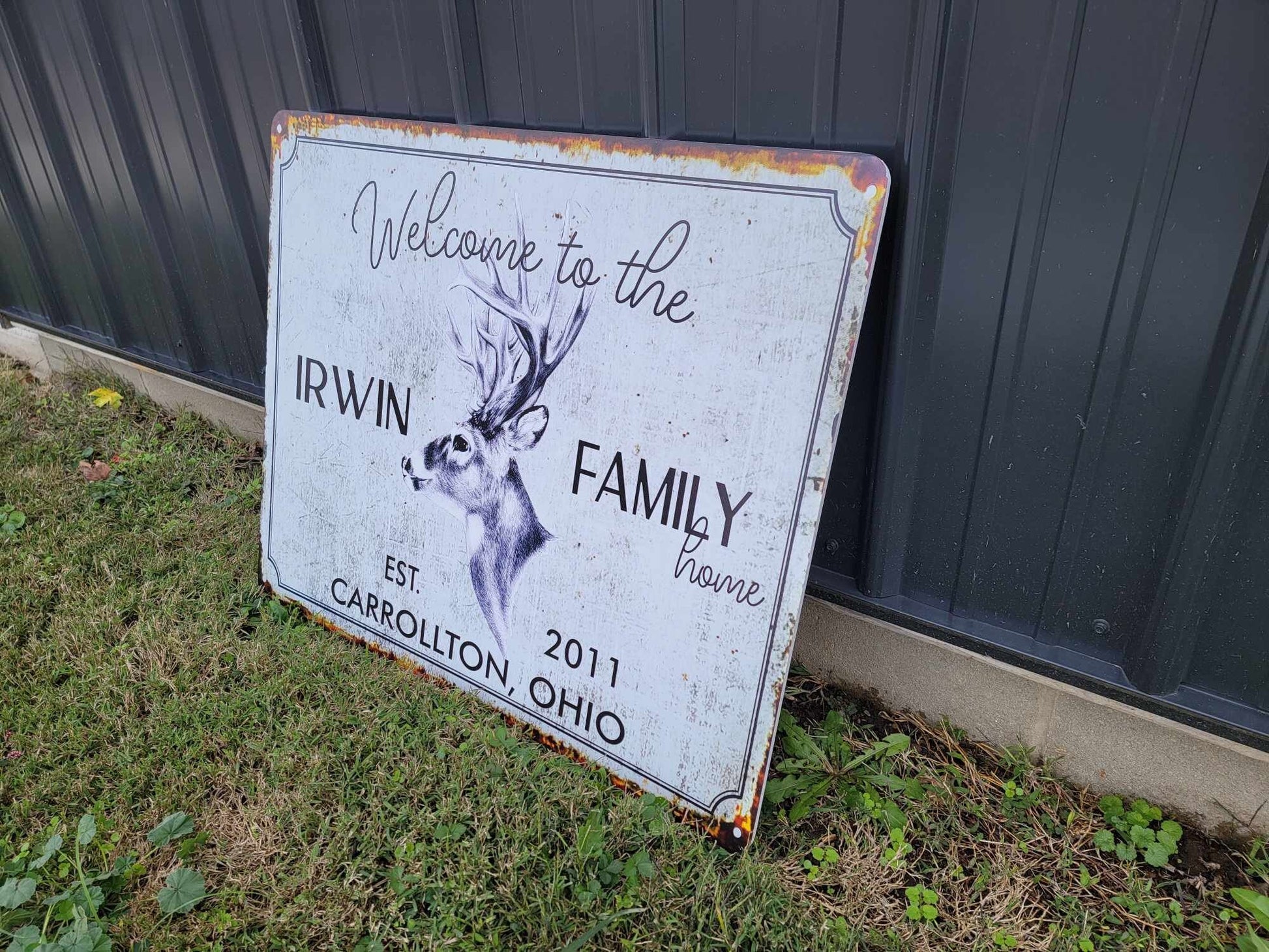 Custom Sign Printed Family Welcome Sign Deer Rustic Wood Unframed Buck Vintage Rectangle Lastname Personalized Porch