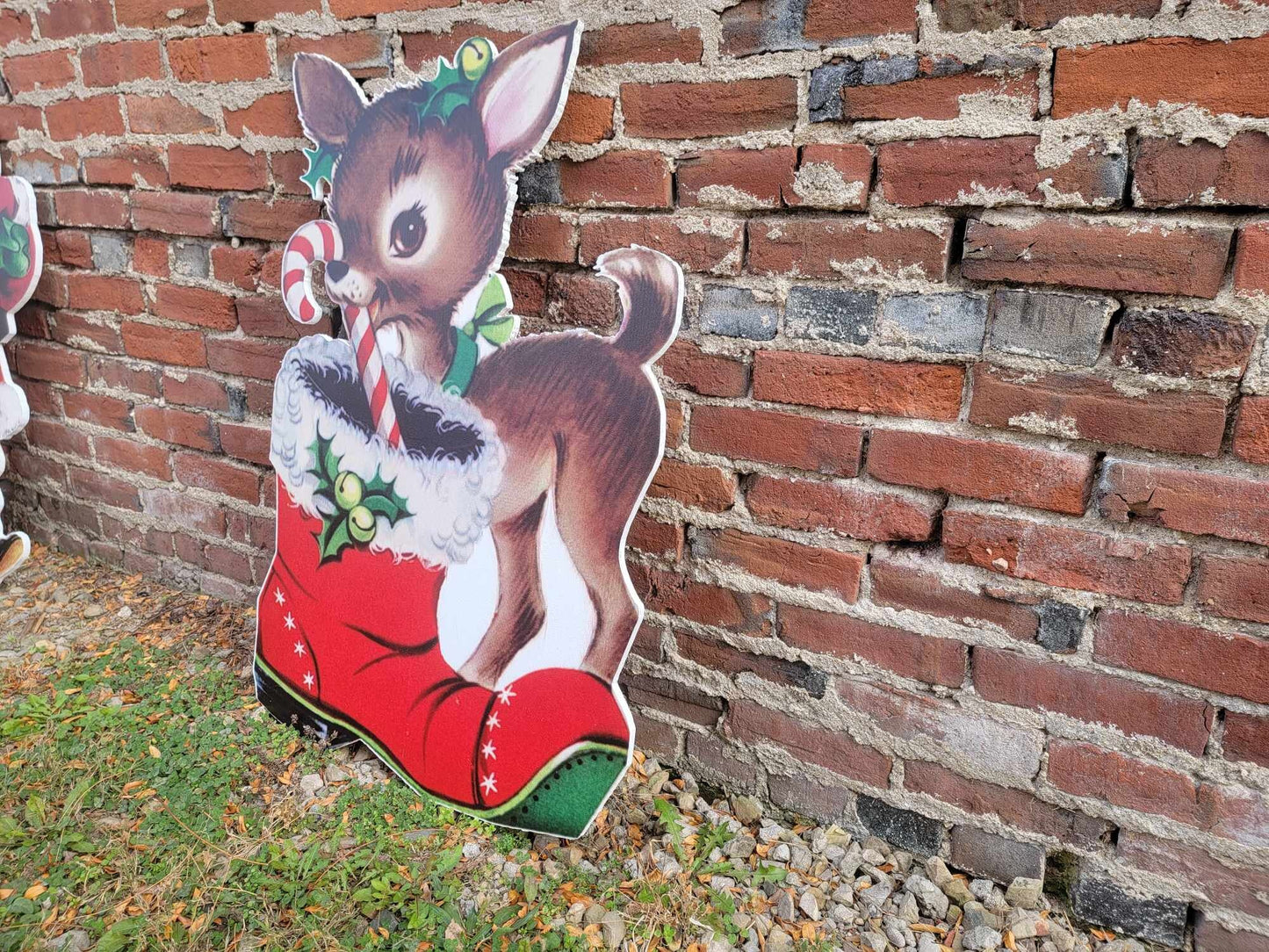 Vintage Yard Art PVC Reindeer Baby Santas boot Candy Cane Christmas Outdoor Weather Proof Printed image Yard Decor