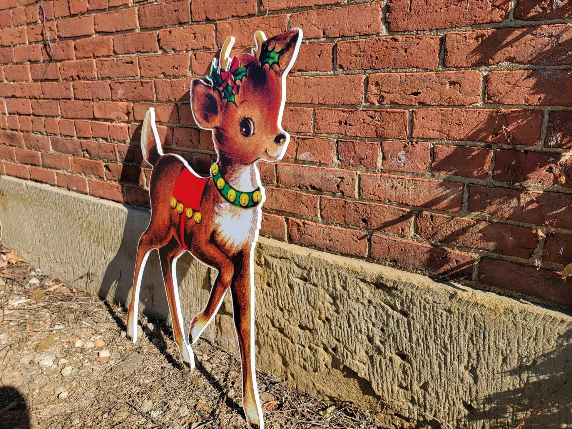 Vintage Yard Art PVC Reindeer Baby Holly Bells Yard Decor Christmas Outdoor Weather Proof Printed image Yard Decor