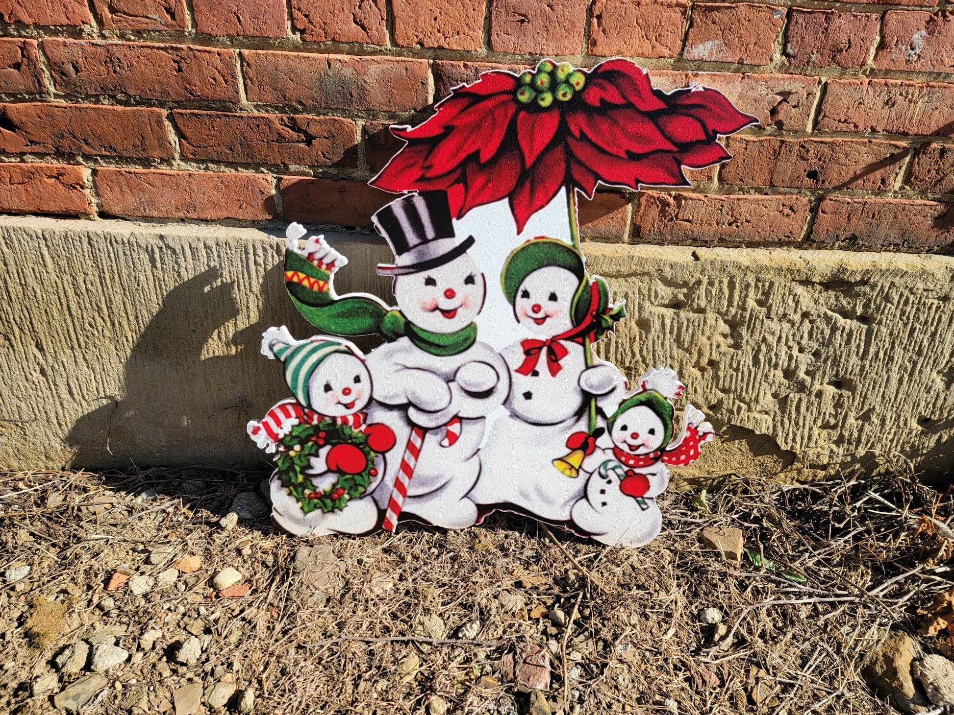 Vintage Yard Art Wood Winter Snowman Family Poinsettia Yard Sign Decorations Yard Decor Christmas Outdoor Printed image
