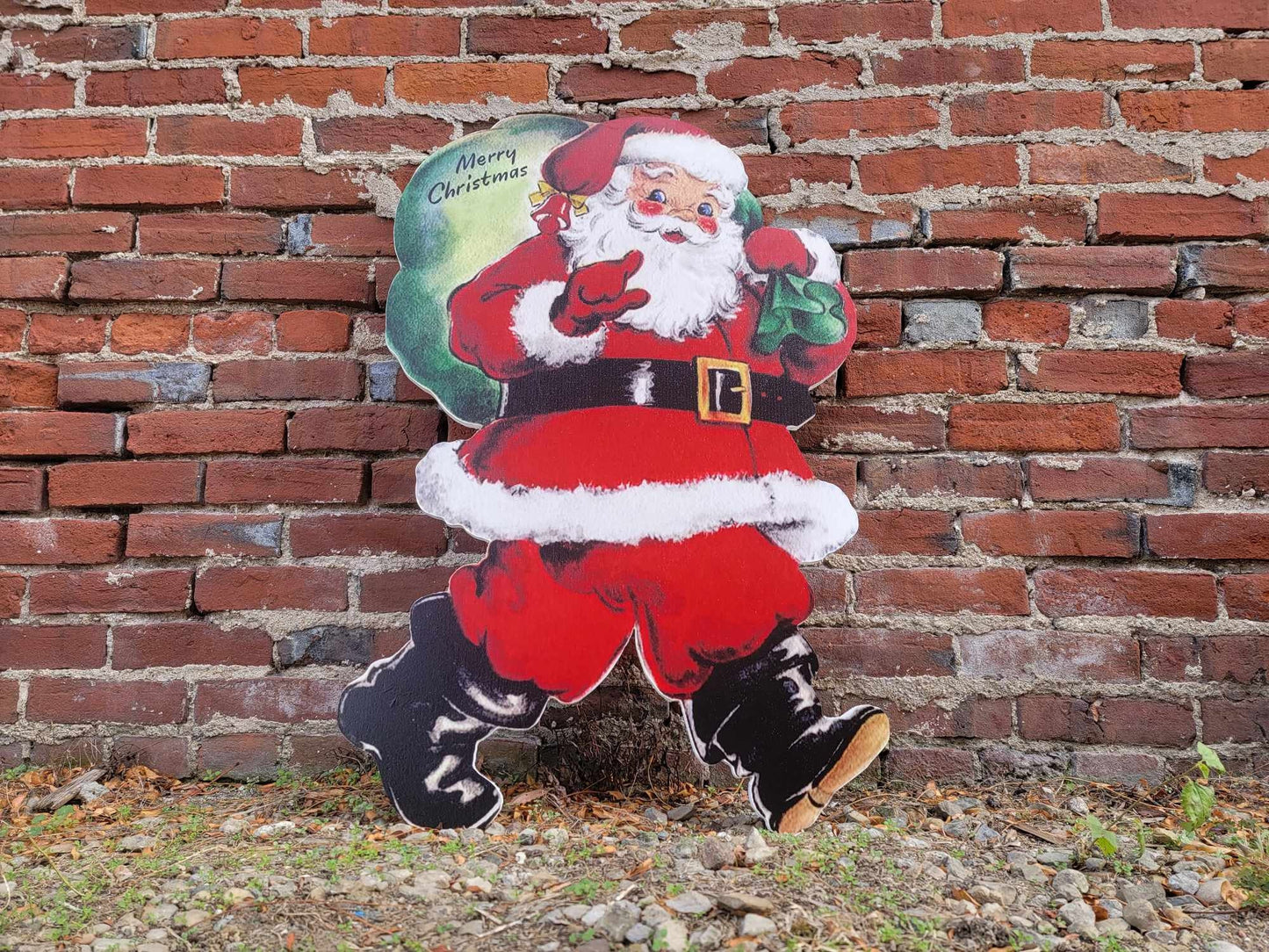 Vintage Yard Art PVC Winter Santa Merry Christmas Bag of Toys Yard Sign Decorations Yard Decor Christmas Outdoor Weatherproof Printed image
