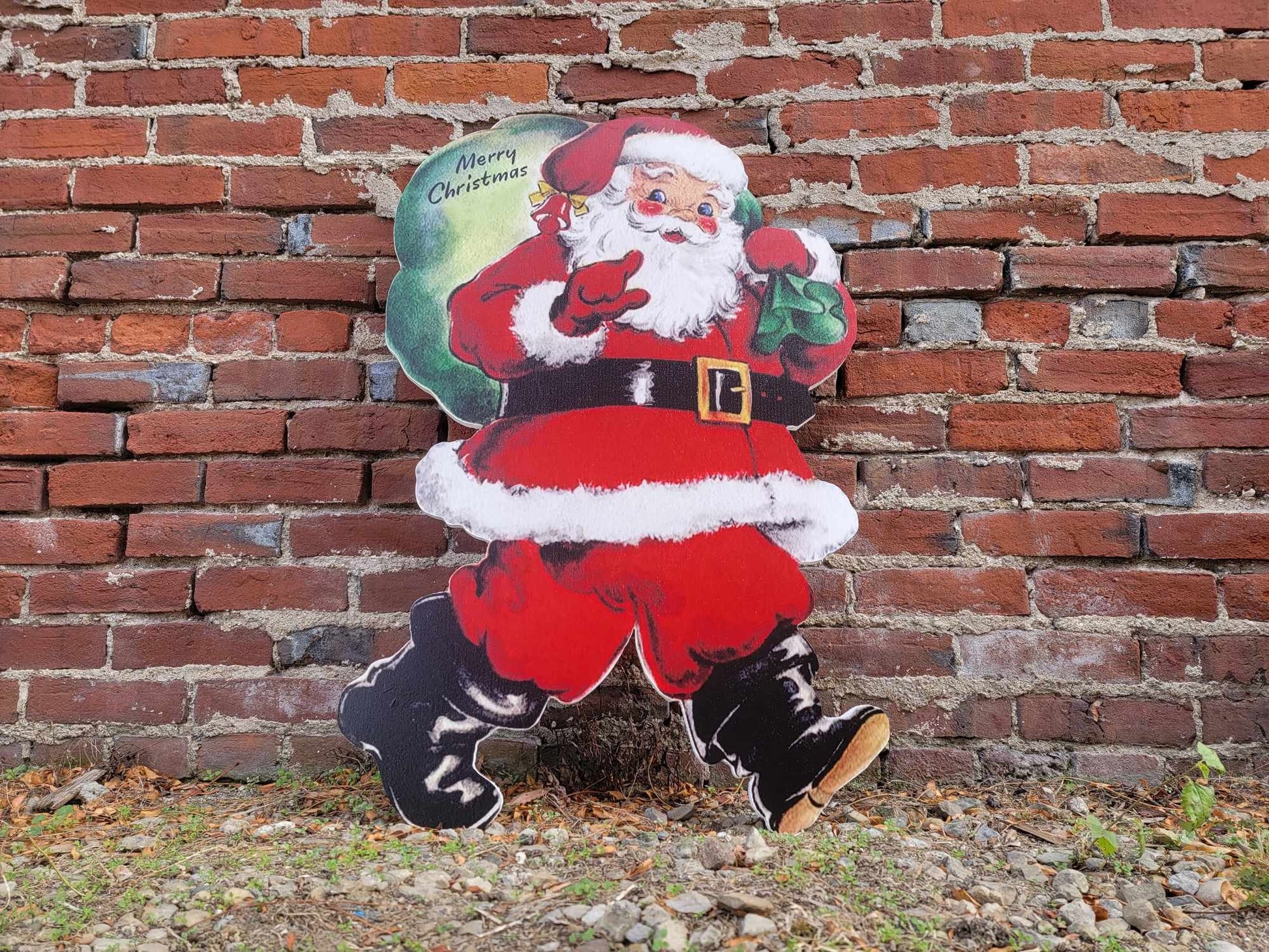 Vintage Yard Art PVC Winter Santa Merry Christmas Bag of Toys Yard Sign Decorations Yard Decor Christmas Outdoor Weatherproof Printed image