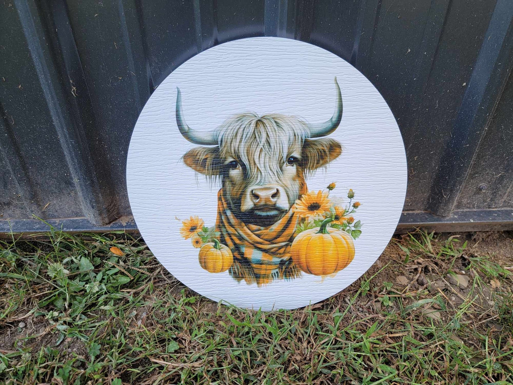 Cow Furry Highland Sign Printed Cow Lovers Porch Pumpkin Autumn Gourd PVC Weatherproof Ultraviolet Ink Doorhanger Outdoor Use