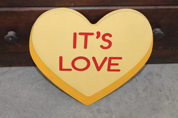 Wood Its Love Yellow Candy Conversation Heart Cutout Valentines Day Gift Photography Prop Handmade Homedecor Raised 3D Sign Wall Art