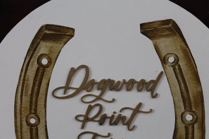 Custom Sign Round Horse shoe Dogwood Flowers Farm Homestead Business Signage Made to Order Logo Circle Wooden Handmade