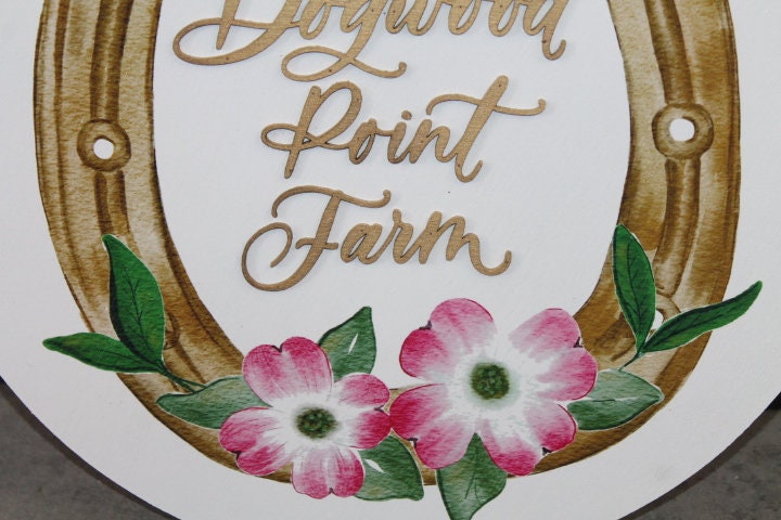 Custom Sign Round Horse shoe Dogwood Flowers Farm Homestead Business Signage Made to Order Logo Circle Wooden Handmade