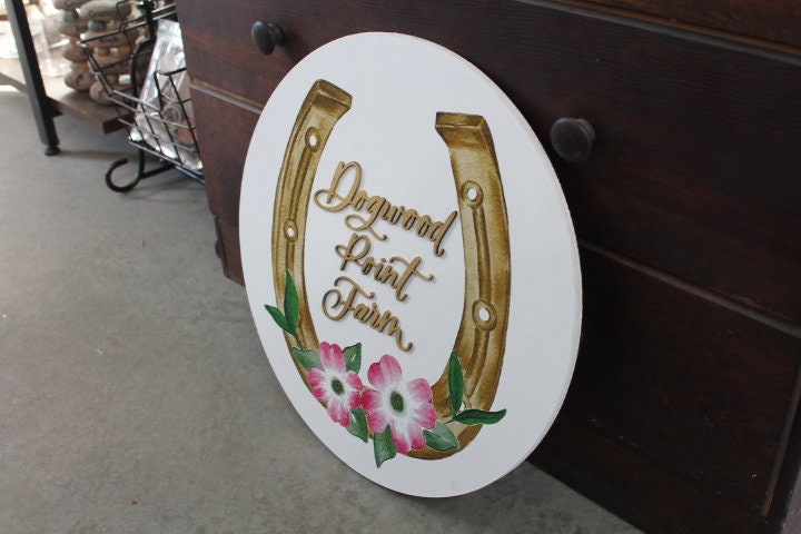 Custom Sign Round Horse shoe Dogwood Flowers Farm Homestead Business Signage Made to Order Logo Circle Wooden Handmade