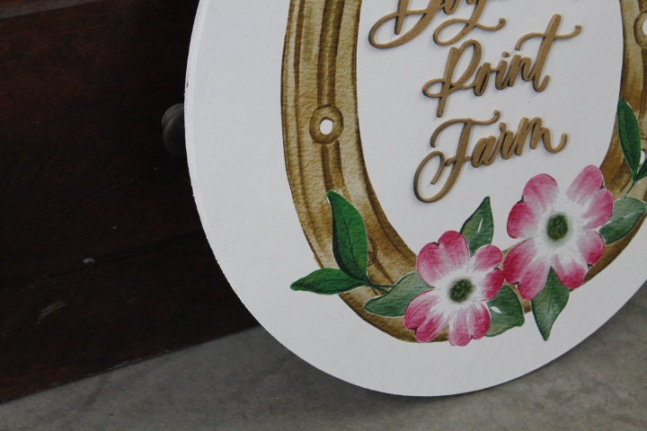 Custom Sign Round Horse shoe Dogwood Flowers Farm Homestead Business Signage Made to Order Logo Circle Wooden Handmade