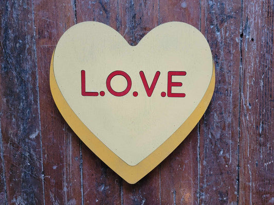 Wooden heart Yellow L.o.v.e Candy Conversation Heart Cutout Valentines Day Gift Photography Prop Handmade Homedecor Raised 3D Sign Wall Art
