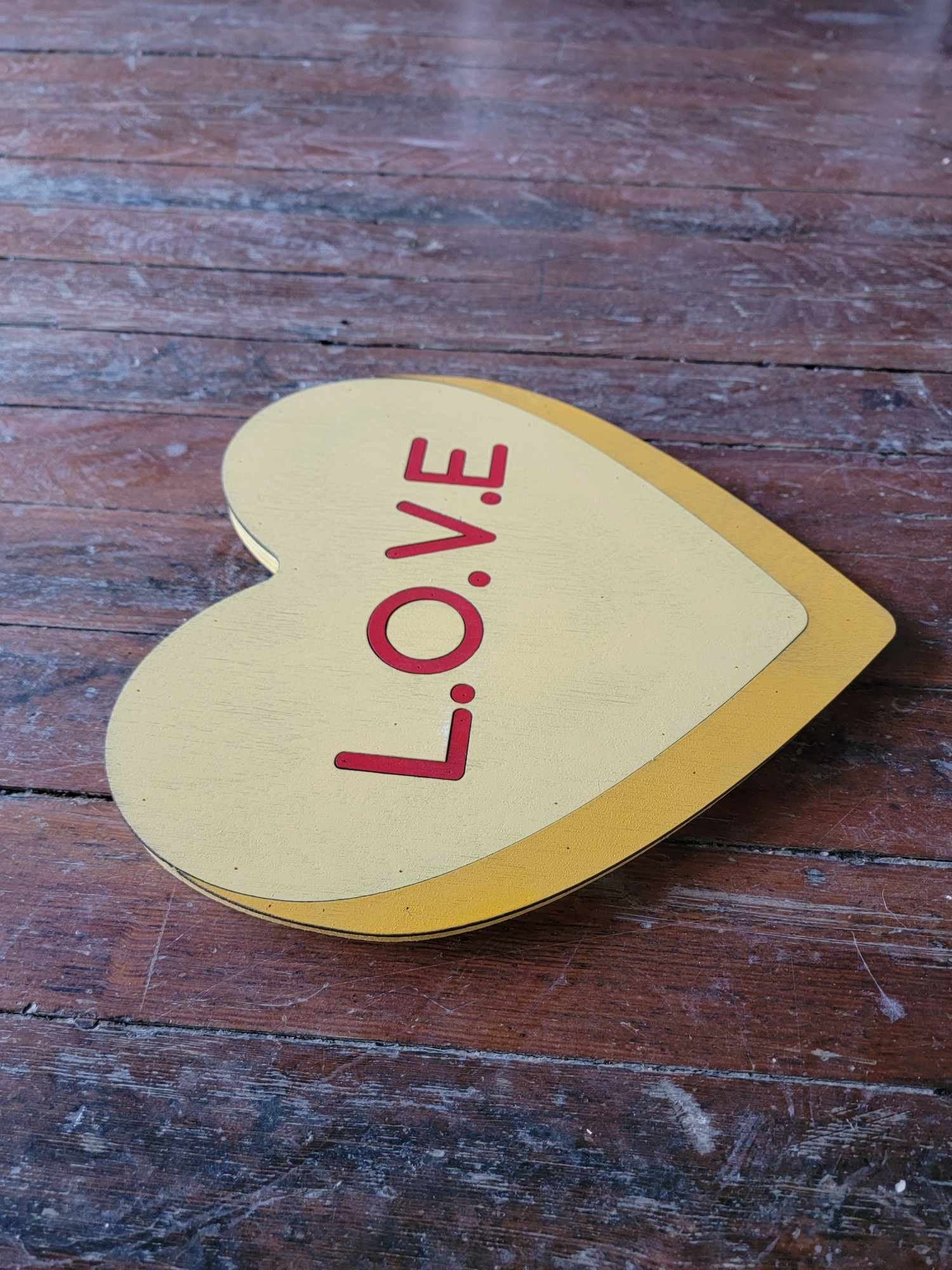 Wooden heart Yellow L.o.v.e Candy Conversation Heart Cutout Valentines Day Gift Photography Prop Handmade Homedecor Raised 3D Sign Wall Art