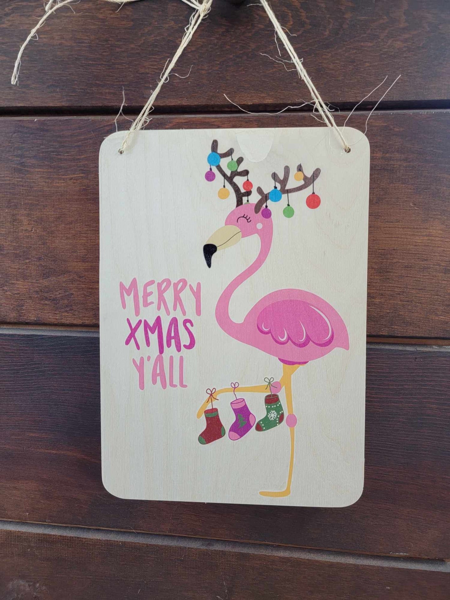 Flamingo Sign Merry Christmas Y'all Beach Sign Stocking Lights Holiday Decoration Rustic Wooden Wall Decor Wood Print