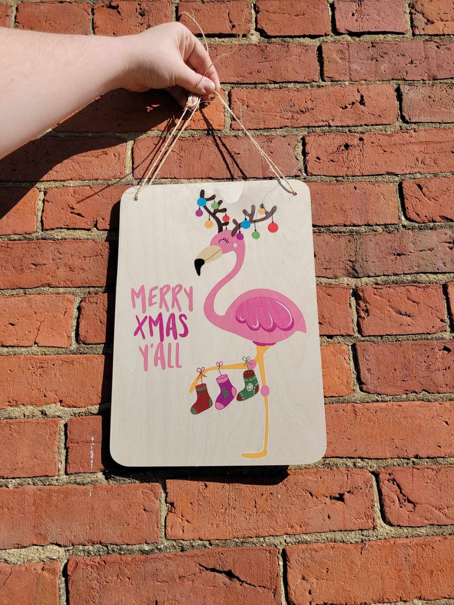 Flamingo Sign Merry Christmas Y'all Beach Sign Stocking Lights Holiday Decoration Rustic Wooden Wall Decor Wood Print