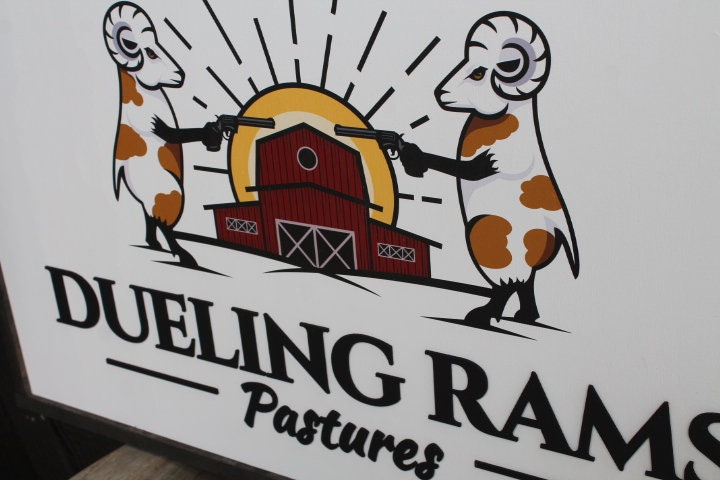 Ram Barn Dueling Livestock Logo Image Printed 3D Detail Color Custom Personalized Farm Wooden Raised Handmade Framed Commerical Signage
