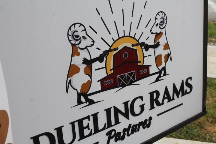 Ram Barn Dueling Livestock Logo Image Printed 3D Detail Color Custom Personalized Farm Wooden Raised Handmade Framed Commerical Signage