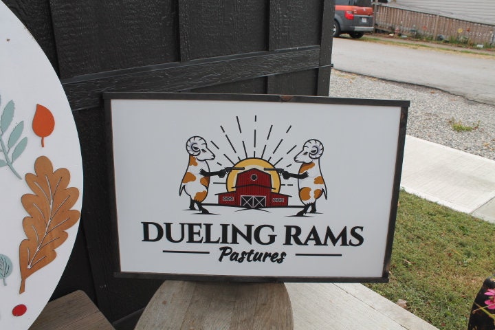 Ram Barn Dueling Livestock Logo Image Printed 3D Detail Color Custom Personalized Farm Wooden Raised Handmade Framed Commerical Signage