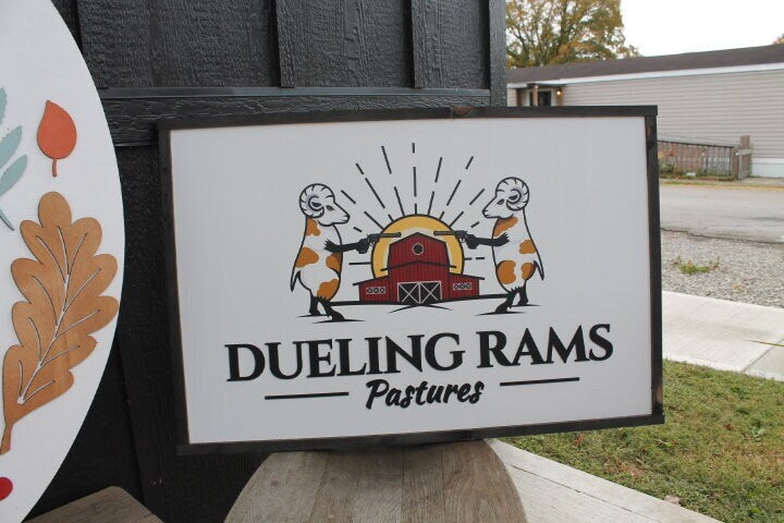 Ram Barn Dueling Livestock Logo Image Printed 3D Detail Color Custom Personalized Farm Wooden Raised Handmade Framed Commerical Signage