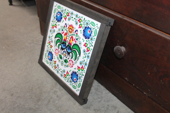 Mosaic Barn Quilt Blues Roosters Feather Flowers Bright Country Primitive Décor Print Wall Art Decoration Wall Hanging Farmhouse Rustic