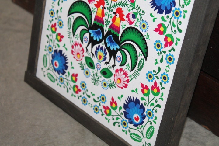 Mosaic Barn Quilt Blues Roosters Feather Flowers Bright Country Primitive Décor Print Wall Art Decoration Wall Hanging Farmhouse Rustic