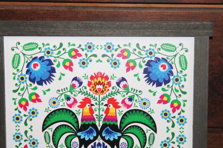 Mosaic Barn Quilt Blues Roosters Feather Flowers Bright Country Primitive Décor Print Wall Art Decoration Wall Hanging Farmhouse Rustic