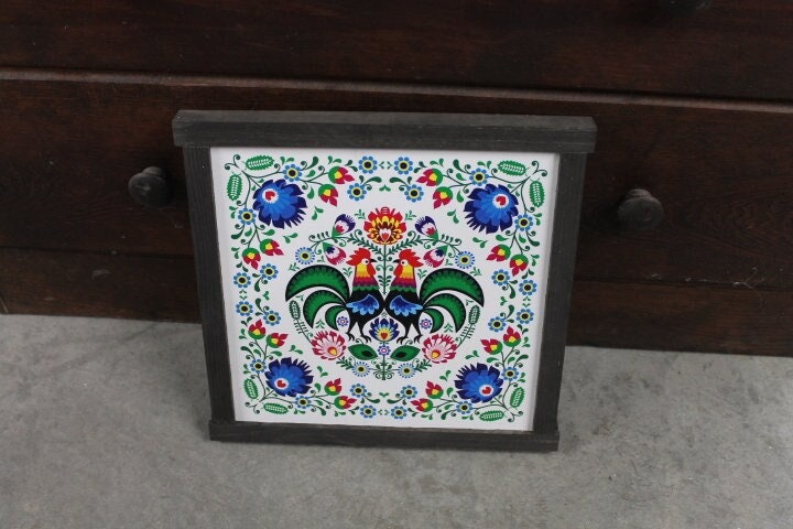 Mosaic Barn Quilt Blues Roosters Feather Flowers Bright Country Primitive Décor Print Wall Art Decoration Wall Hanging Farmhouse Rustic