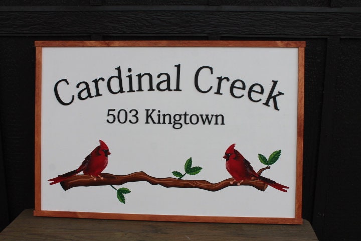 Cardinal Bird Red Address Sign Creek Printed 3D Detail Color Custom Personalized Farm Wooden Raised Handmade Framed Home Business