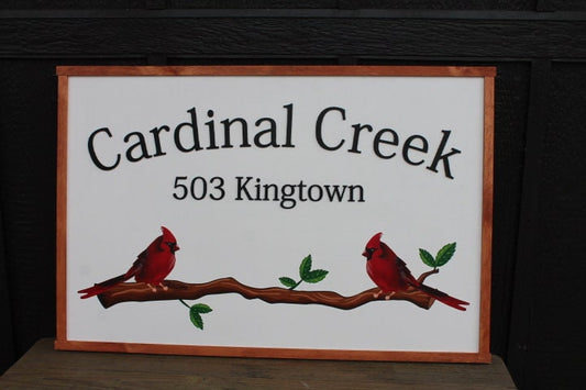 Cardinal Bird Red Address Sign Creek Printed 3D Detail Color Custom Personalized Farm Wooden Raised Handmade Framed Home Business