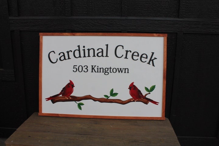 Cardinal Bird Red Address Sign Creek Printed 3D Detail Color Custom Personalized Farm Wooden Raised Handmade Framed Home Business