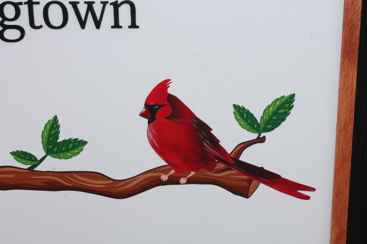 Cardinal Bird Red Address Sign Creek Printed 3D Detail Color Custom Personalized Farm Wooden Raised Handmade Framed Home Business