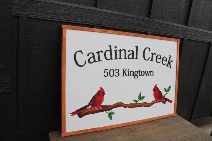 Cardinal Bird Red Address Sign Creek Printed 3D Detail Color Custom Personalized Farm Wooden Raised Handmade Framed Home Business