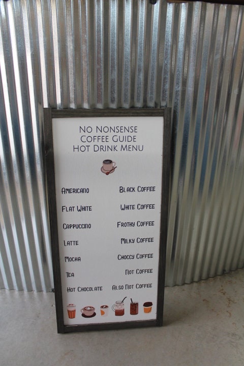 Coffee Bar Menu No Nonsense Tea Cocoa Hot Drinks Coffee Shop Decor Kitchen Sign Wall Art Farmhouse Primitive Rustic Text Large Pun