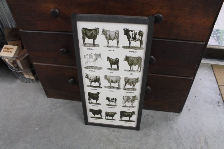 Types of Cows Cow Lover Humor Car Joke Style Body Type Farmhouse Farm Country Livestock Print Black and White Framed Home Decor Rustic