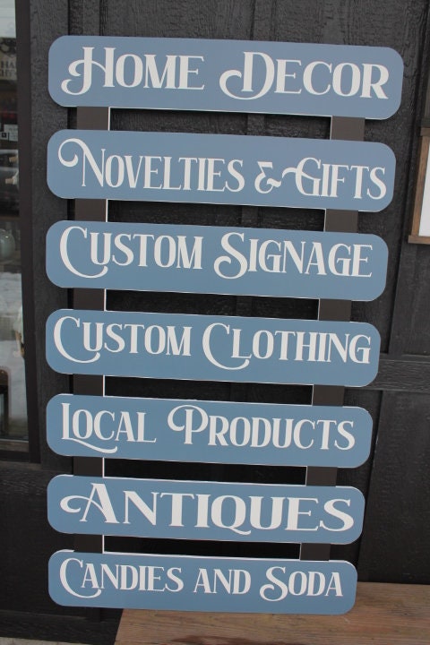 Custom Dropdown Ladder Style Advertising Local Products Window Sign Small Business Store Front Informative Printed Color Large Wood Large
