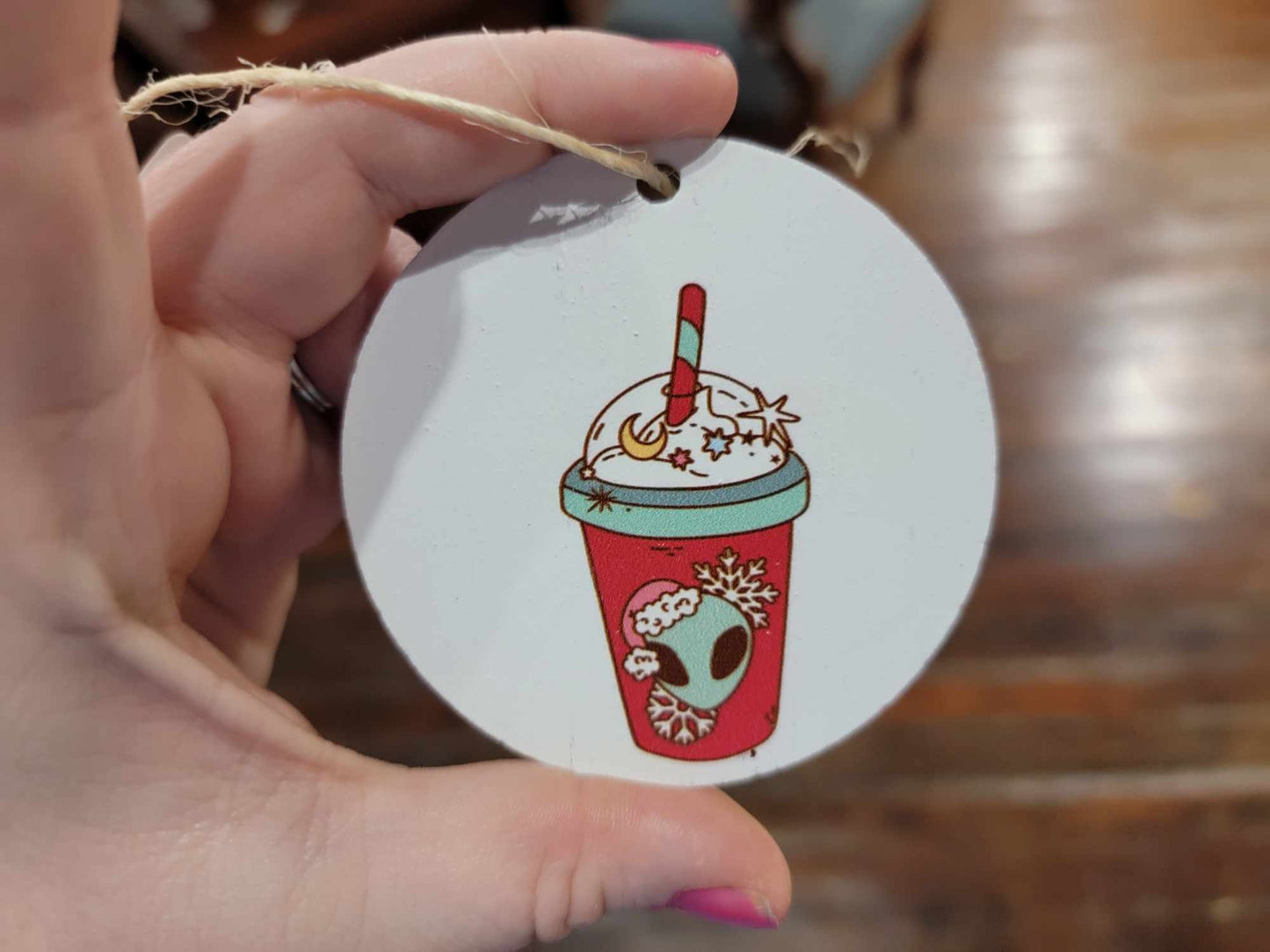 Extraterrestrial Alien Coffee Drink Cryptic Ornament Collector Mythical Printed Keychain Giftable Gift for Him Gift for her Wooden