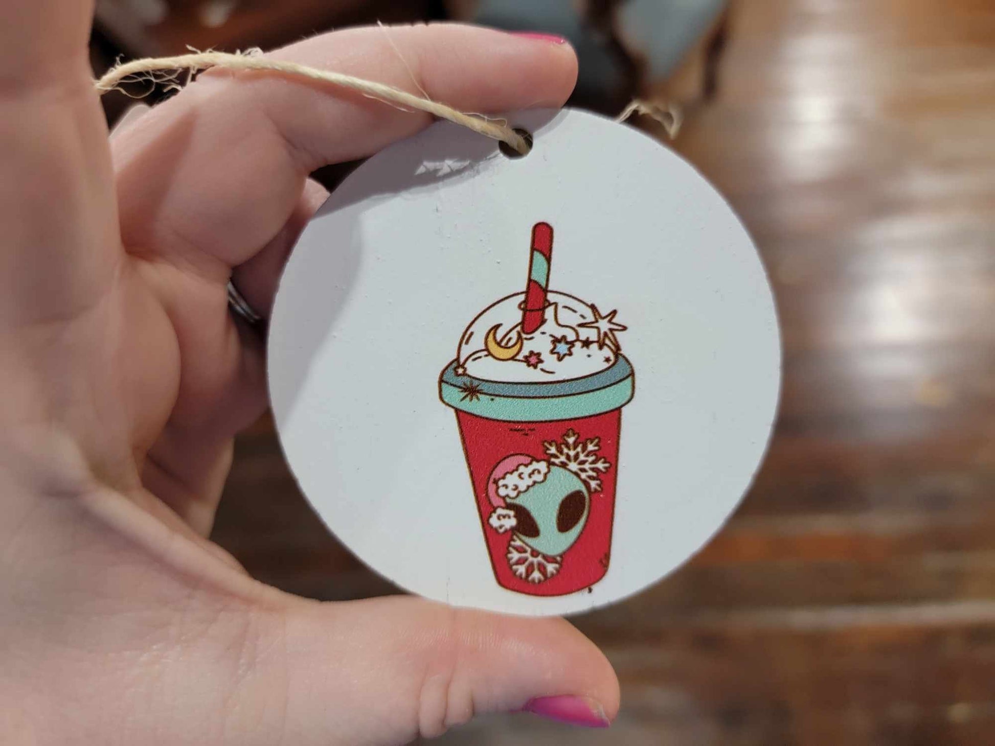 Extraterrestrial Alien Coffee Drink Cryptic Ornament Collector Mythical Printed Keychain Giftable Gift for Him Gift for her Wooden